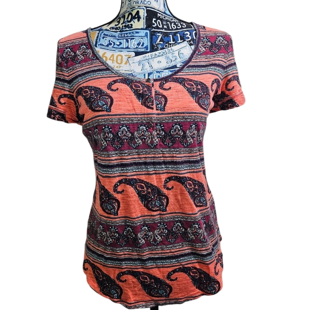 Lucky Brand Salmon Tribal Aztec Henley Shirt Medium